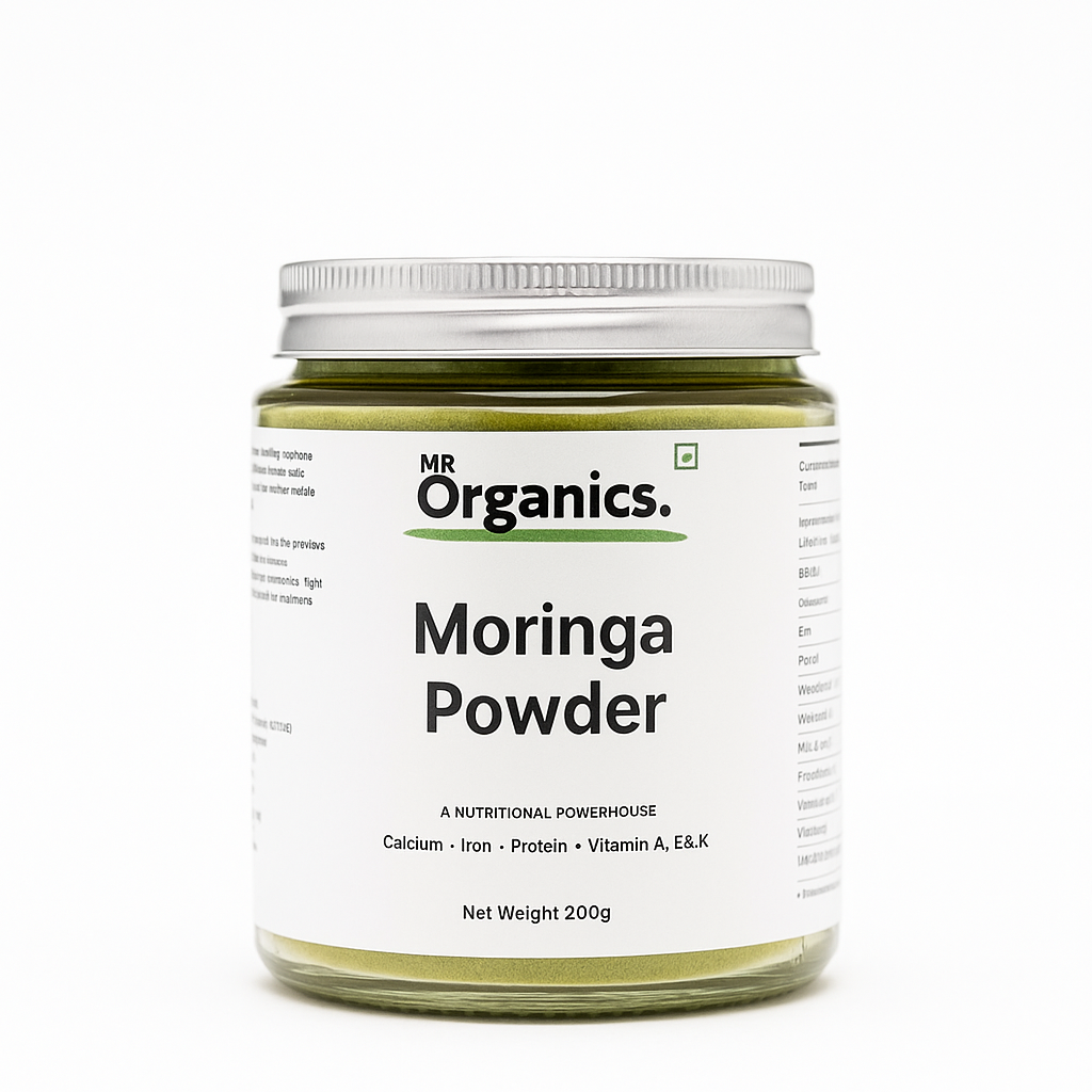 Jar of Moringa Powder by MR Organics on a white background
