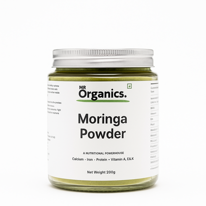 Jar of Moringa Powder by MR Organics on a white background