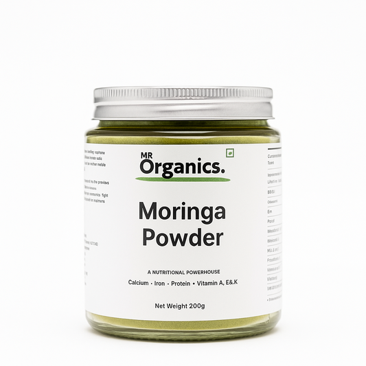 Jar of Moringa Powder by MR Organics on a white background